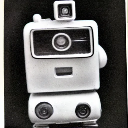 Prompt: 1 9 5 0 s polaroid photo of a miniature robot, cute, high quality, 1 9 5 0 s, polaroid, old