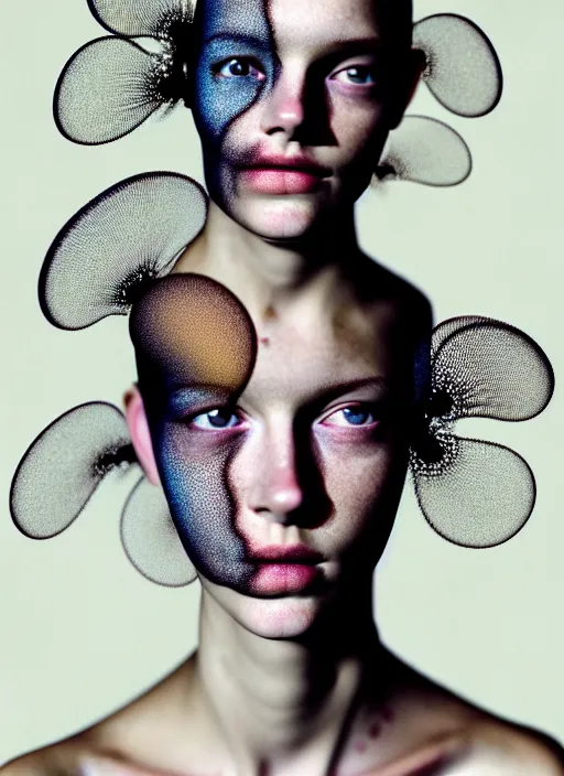 Image similar to Kodak Portra 400, highly detailed, britt marling style 3/4 , fine art portrait photography by Paolo Roversi, face and body merging with luminescent jellyfishes filaments, symbolic metamorphosis complex 3d render , 150 mm lens, bust with intricate filaments details, elegant, hyper realistic, ultra detailed, octane render, underwater soft colours, emotionally evoking, head in focus, fantasy, elegant, soft light, volumetric lighting, highly detailed, 8K, soft light, volumetric lighting, Refined, Highly Detailed, soft lighting colors scheme, fine art photography, Hyper realistic, photo realistic