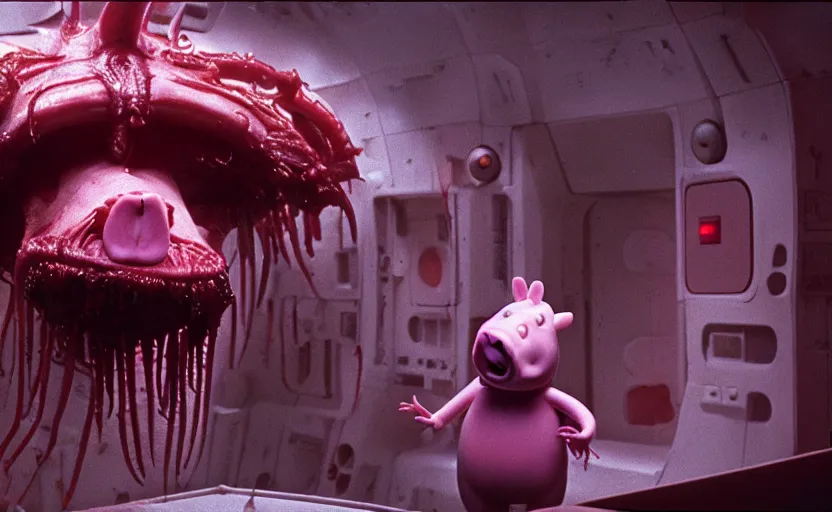 Image similar to peppa the pig infected by xenomorph from movie alien 1 9 7 9, staying at nostromo spaceship. extreme long shot, 4 k, cinestill, giger, hermann nitsch, dark colors