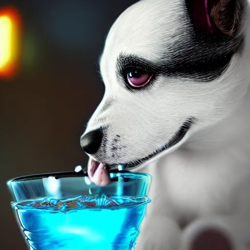 Image similar to cute puppy drinking juice, masterpiece, 8k, fantasy, cinematic lighting, highly detailed, digital painting, artstation, smooth, sharp focus, illustration, by Pixar