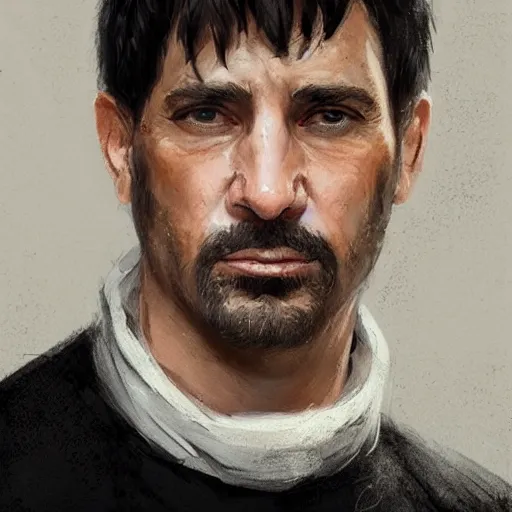 Image similar to Portrait of a man by Greg Rutkowski, he is about 40 years old, short black hair with bangs, his features are a mix between French, Turkish and Russian, dad vibes, he is wearing a white and black utility jumpsuit, highly detailed portrait, digital painting, artstation, concept art, smooth, sharp foccus ilustration, Artstation HQ.