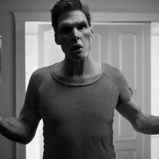 Image similar to Live Action Still of Jerma in Psycho (film), real life, hyperrealistic, ultra realistic, realistic, highly detailed, epic, HD quality, 8k resolution, body and headshot, film still