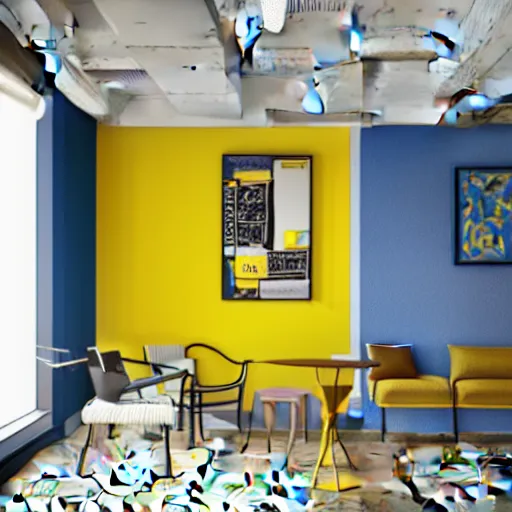 Prompt: interior design of a co - working space, yellow and blue color scheme, photorealist, 8 k