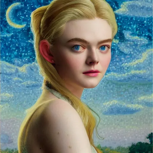 Image similar to professional painting of Elle Fanning in Halo 2 in the style of Henri-Edmond Cross, head and shoulders portrait, symmetrical facial features, smooth, sharp focus, illustration, intricate, stormy weather, extremely detailed masterpiece,