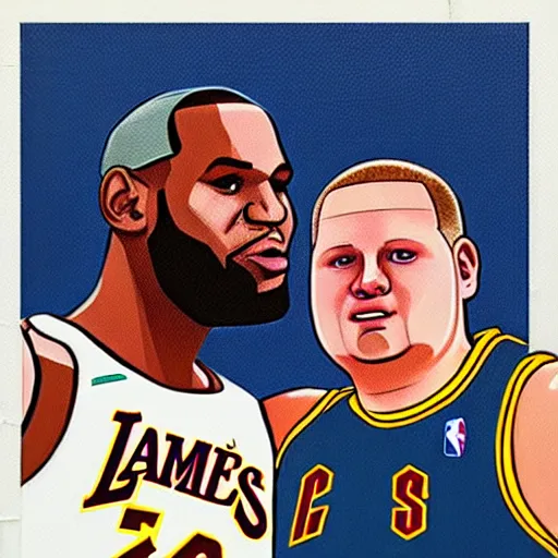 Prompt: bobby hill and lebron james taking a selfie, nba, kill of the hill, oil on canvas, trending on artstation