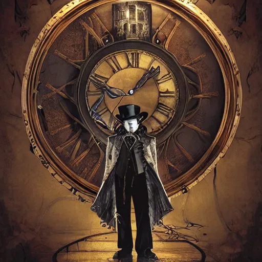 Image similar to The Mad Hatter standing in front of a twisted clock in Gothic-Steampunk style, highly detailed, artstation, intricate, gothic, steampunk, smooth, sharp focus, dark, horror, illustration, art by greg rutkowski and Yuumei, good clear quality, lighting, biology, symmetrical artwork, perfect face, 135 mm, cinematic, hyper realism, high detail, octane render, 8k, crimson highlights