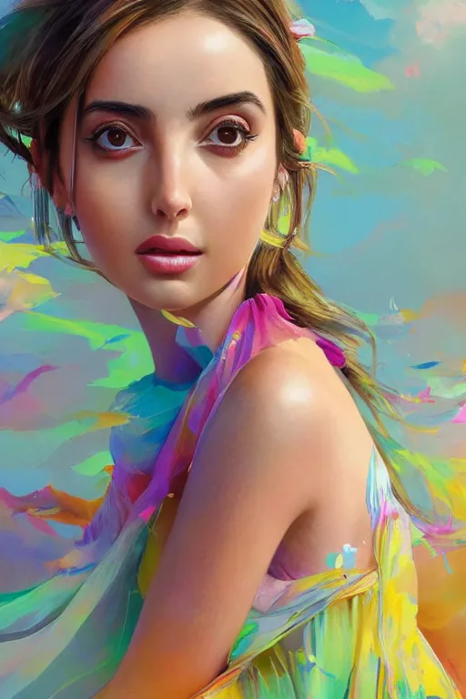 Image similar to a ultra detailed beautiful painting of ana de armas, wearing a colorful flowing dress, high angle shot, oil painting, by ilya kuvshinov, greg rutkowski and makoto shinkai