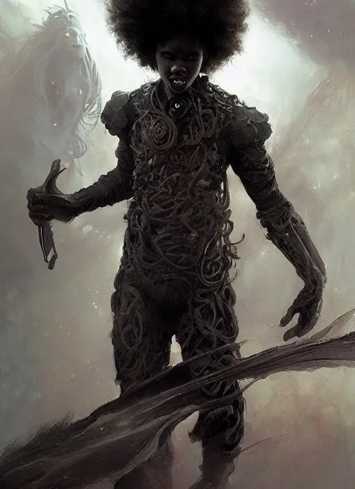 Image similar to fantasy changeling black kid with long curly hair playing electric guitar, half half, dim light, front game card, marvel comics, dark, intricate, highly detailed, smooth, artstation, digital illustration by ruan jia and mandy jurgens and artgerm and wayne barlowe and greg rutkowski and zdislav beksinski