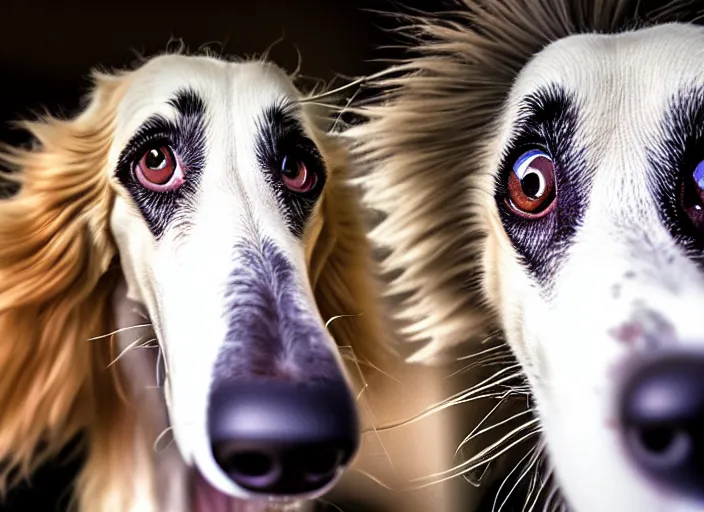 Image similar to a photo of a borzoi dogs face, fisheye lens