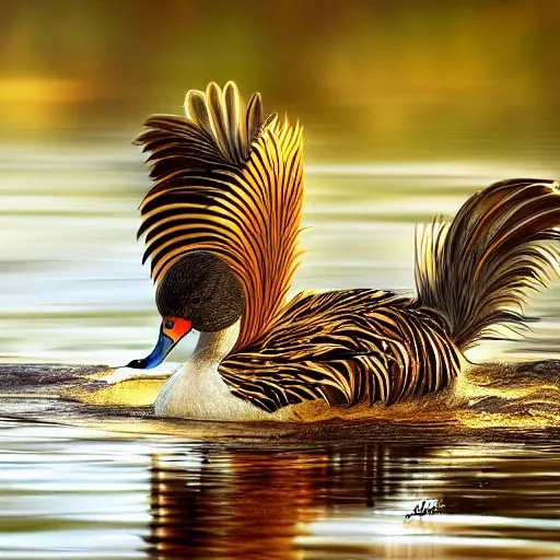 Prompt: beautiful digital painting of a duck with tiger colored feathers. It spreads its wings majestically as it takes off from a placid river in the south of france. Golden hour, perfect contrast, awe inspiring.