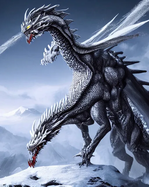 Image similar to giant snow dragon standing on a snowcapped mountain, highly detailed, 4 k, hdr, award - winning, directed by zack snyder, trending on art station, matte