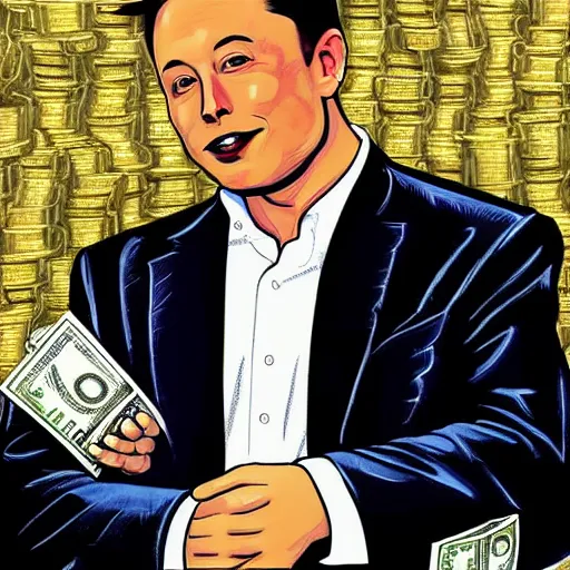 Image similar to painting of Elon Musk swimming in money and gold