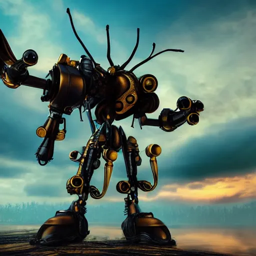 Prompt: a steampunk fying wasp, transformer, mech, Ultra detailed, cinematic, cinematic lights, 8k, photorealistic, beautiful, epic photo, sunset, ar 16:9