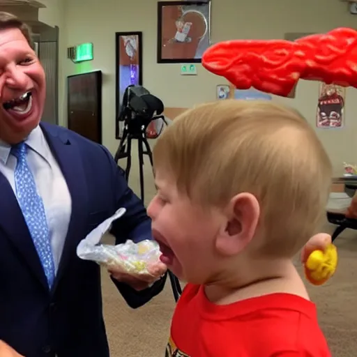 Image similar to ron desantis taking candy from babies and laughing maniacally about it, very realistic