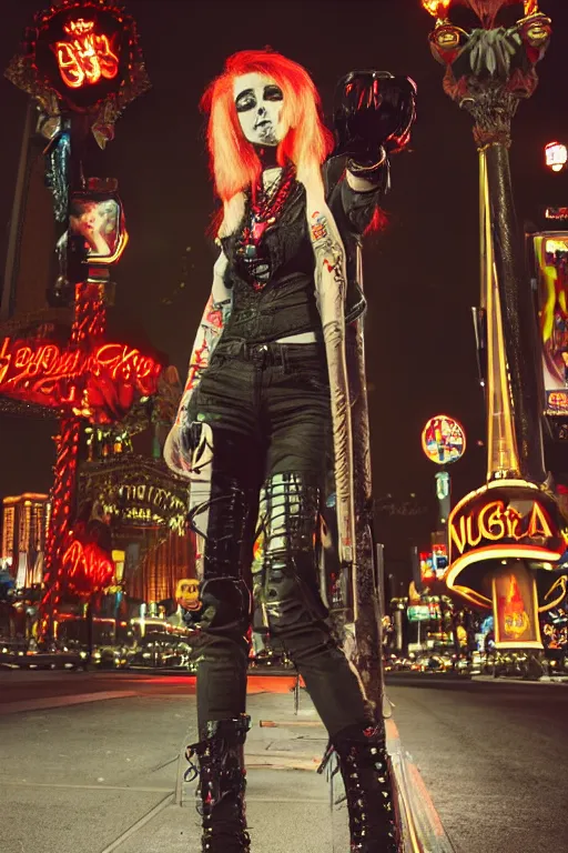 Prompt: full body portrait of a punk vampire on the Las Vegas strip at night, by shan qiao, cinematic, hyper realism, high detail, octane render, 8k,trending on artstation, CGsociety, concept art, kodak ektar
