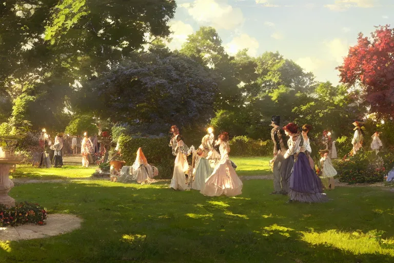 Image similar to an ornate victorian garden, party in front, scene in an open field. 1 8 9 0, key visual, conceptart, ambient lighting, highly detailed, digital painting, artstation, concept art, sharp focus, by makoto shinkai and akihiko yoshida and greg manchess