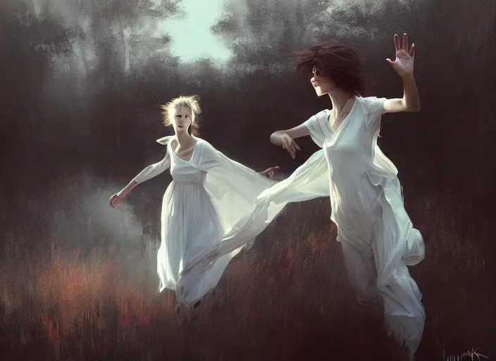 Prompt: white dress girl chasing from grim reaper, messy hair, scared face, dramatic situation, specular reflection, occlusion shadow, intricate, bokeh, by ilya kuvshinov and jeremy lipking and quentin mabille