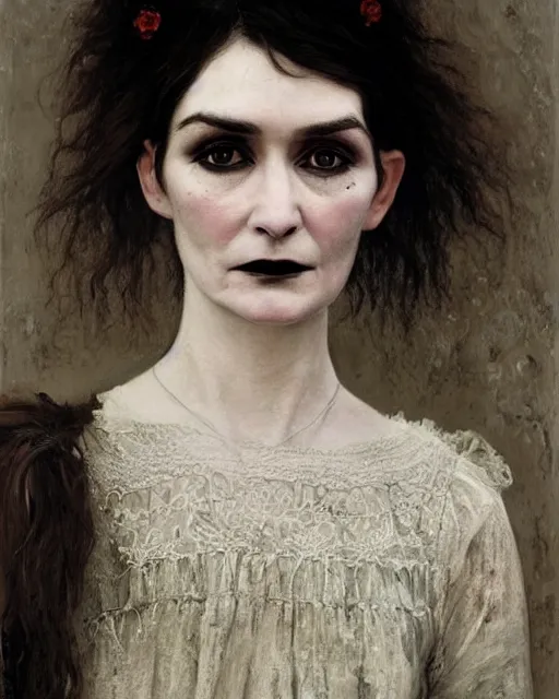 Prompt: a beautiful but sinister girl who looks like shirley henderson in layers of fear, wearing goth lace, with fierce eyes and wild hair, 1 9 7 0 s, seventies, delicate embellishments, a little blood, crimson, painterly, offset printing technique, by jules bastien - lepage