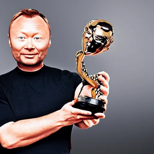 Prompt: limmy holding bafta award, realistic, wide shot, dramatic lighting, hyper realistic, high quality, highly detailed, hd, beautiful, cinematic, 8 k, unreal engine, facial accuracy, symmetrical,