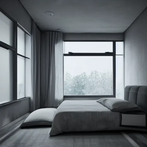 Image similar to brutalist bedroom, big windows, minimalist architecture, minimalist furniture, octane render, high quality, 8 k, post production