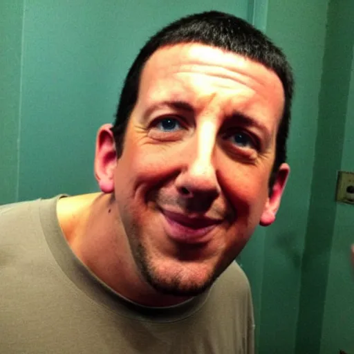 Prompt: “ adam sandler wearing a horrifying flesh mask! ”