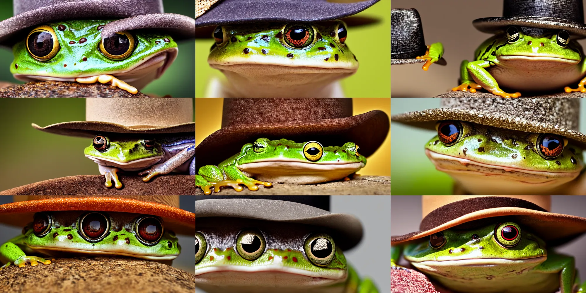 Prompt: a frog wearing a cowboy hat, a macro photograph, shutterstock contest winner, uhd image, shiny eyes, macro photography