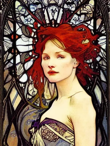 Image similar to a beautiful painting of alicia witt by Alphonse Mucha and by arthur rackham and by james jean and by Mark Brooks and by john william waterhouse, Art Nouveau, Neo-Gothic, gothic, award winning painting, hyperdetailed, detailed