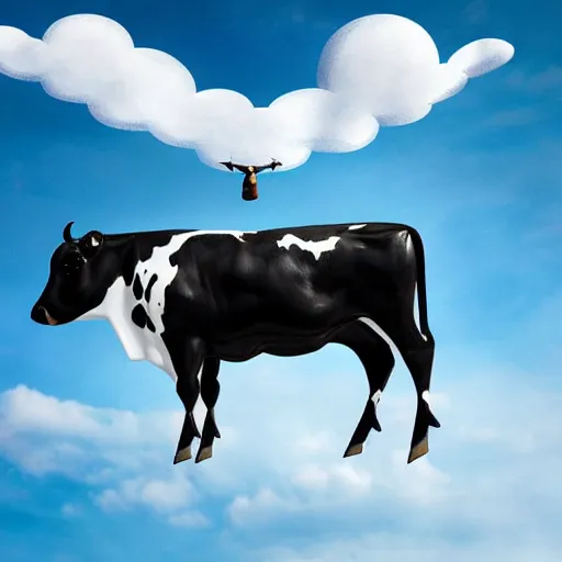 Prompt: digital art, trending on artstation, a cow wearing a cape flying in the sky with clouds