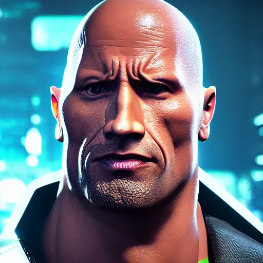 Prompt: dwayne johnson half - robot, cyberpunk 2 0 7 7, photorealistic, ultra detailed, neon, octane, bokeh, cinematic lighting, cyber, cyberpunk city, studio quality, feature, scars, cyberface, 8 k