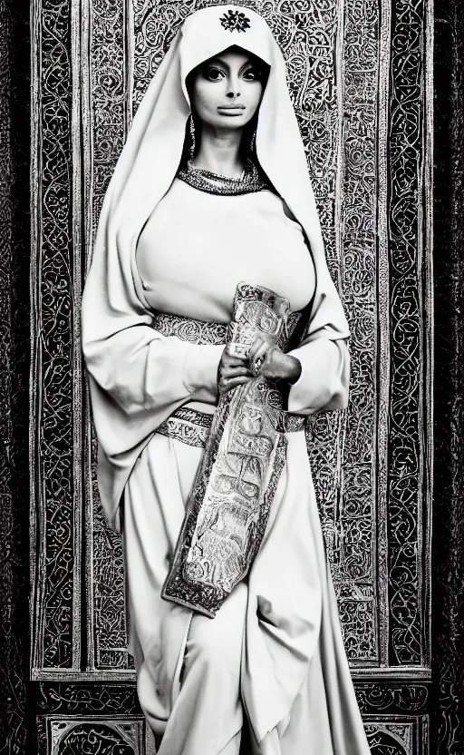 Image similar to a picture of sofia loren standing up in hagha santa sofia in the style of ( ( ( a byzantine icon ) ) ). black and white, award winning photography, 5 0 mm, studio lighting, highly intricate