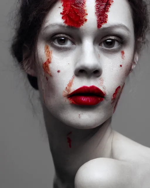 Image similar to portrait of a woman, detailed close - up, skin scars, high sharpness, zeiss lens, retro photoshoot, smoke black, red hair, snakes, red lipstick, palaroid effect, edward buba, annie leibovitz, paolo roversi, david lazar, jimmy nelsson, eiko hosoe, artistic, hyperrealistic, beautiful face, octane rendering