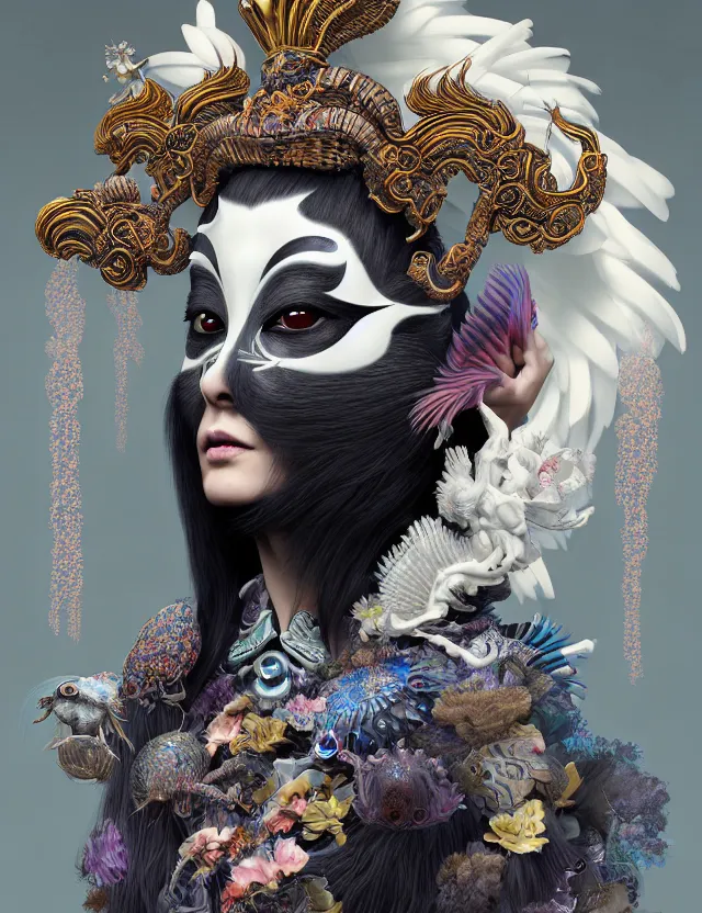 Image similar to 3 d goddess close - up profile portrait with crown, ram skull. beautiful intricately detailed punk japanese crow kitsune mask and clasical japanese kimono. betta fish, jellyfish phoenix, bio - luminescent, plasma, ice, water, wind, creature, artwork by tooth wu and wlop and beeple and greg rutkowski