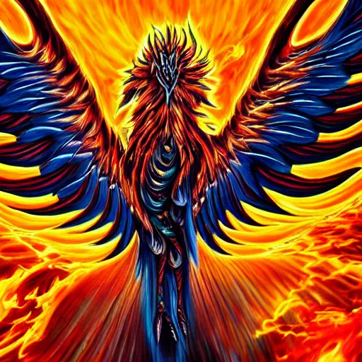 Prompt: hyperdetailed image of a phoenix with its full body flaming and wings spread 8 k extremely detailed hd hyperrealism fiery extremely accurate unbelievably creepy metarealism