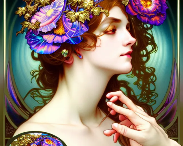 Image similar to overlord, rococo and art nouveau fusion, iridescent diaphanous refractive and reflective flower bouquet, tarot card, highly detailed, deep focus, elegant, digital painting, smooth, sharp focus, illustration, ultra realistic, 8 k, art by artgerm and alphonse mucha