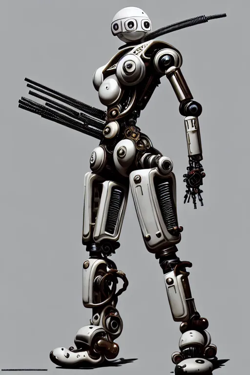 Prompt: a robot samurai with a steampunk rifle, perfect symmetrical body, full body shot, inflateble shapes, wires, tubes, veins, white biomechanical, wearing epic bionic cybor implants, masterpiece, intricate, biopunk vogue, highly detailed, artstation, concept art, cyberpunk, octane render