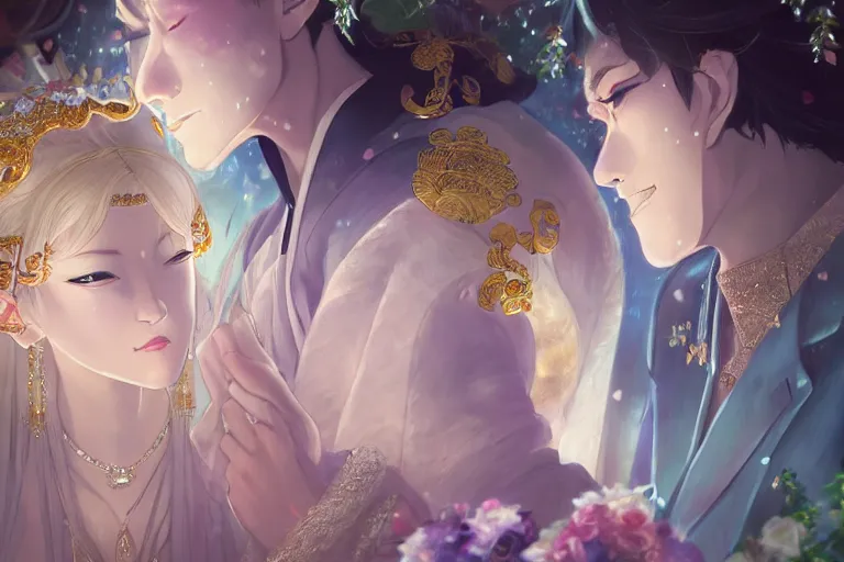 Image similar to a dreamlike portrait of wedding close up moment of a divine a japan sun god and moon goddess lovers magician at a wedding banquet. highly detailed, digital painting, fantasy wedding screen, 8 k realistic, hyper detailed, by makoto shinkai and akihiko yoshida and hidari and wlop