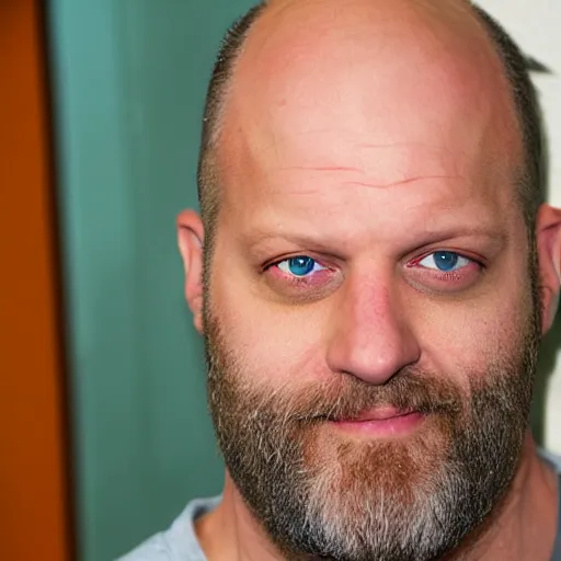 Image similar to a real photograph of Ethan Van Sciver with a pointed nose, bald head and grey beard