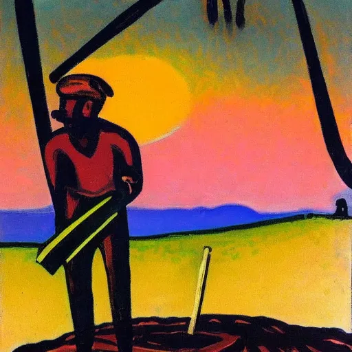 Prompt: a fauvist painting of a man deep in a hole with a shovel, after sunset,