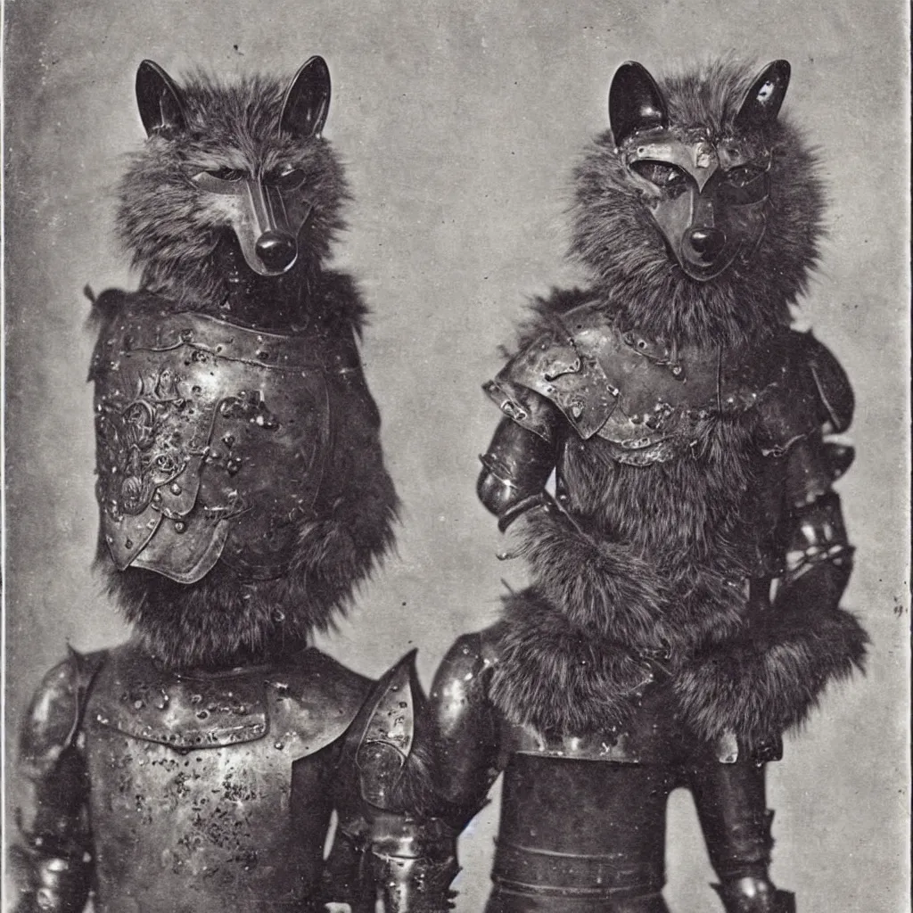 Image similar to anthropomorphic furry wolf in suit of armor of unknown origin, 1900s photograph