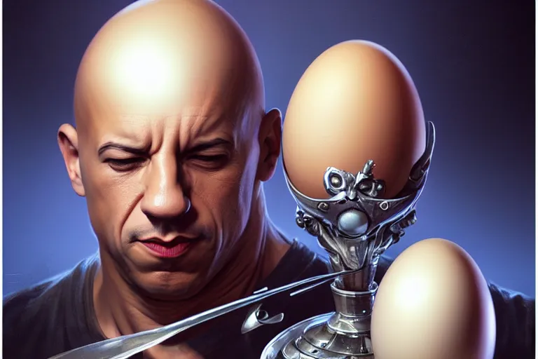 Prompt: silver egg cup, vin diesel head is a boiled egg, egg is a head, head is in egg cup, hyper detailed, digital art, artstation, cinematic lighting, studio quality, smooth render, by peter mohrbacher, hajime sorayama, boris vallejo, craig mullins