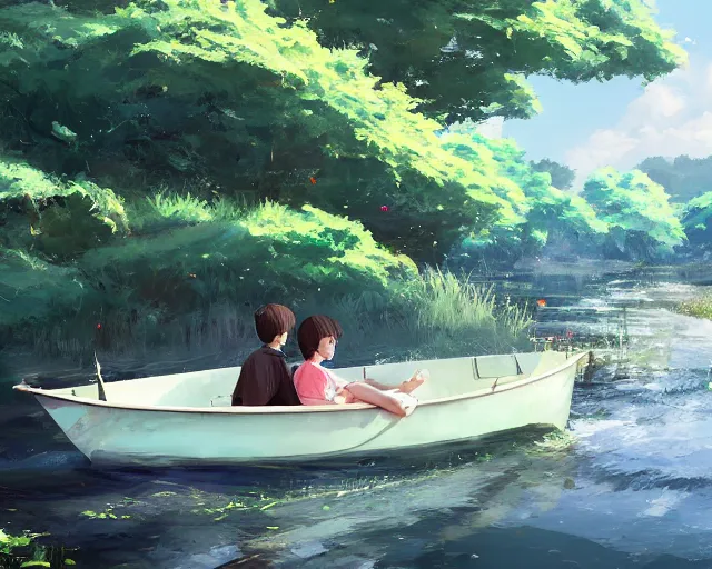 Prompt: a boy and a girl sitting together in a boat on a streams. Trees. By Makoto Shinkai, Stanley Artgerm Lau, WLOP, Rossdraws, James Jean, Andrei Riabovitchev, Marc Simonetti, krenz cushart, Sakimichan, trending on ArtStation, digital art.