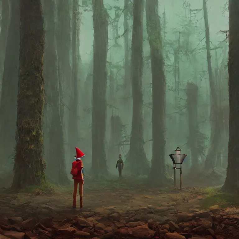 Prompt: a forest gnome standing in front of a portal. Detailed digital matte painting in the style of simon stalenhag