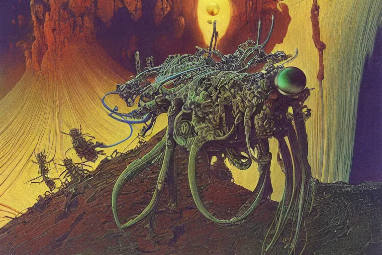 Prompt: oil painting, super - detailed scene of a planet that is also a giant insect, entomology, japanese sci - fi books art, artwork by jean giraud and zdzislaw beksinski and alphonse mucha and hr giger, hd, 4 k, high quality