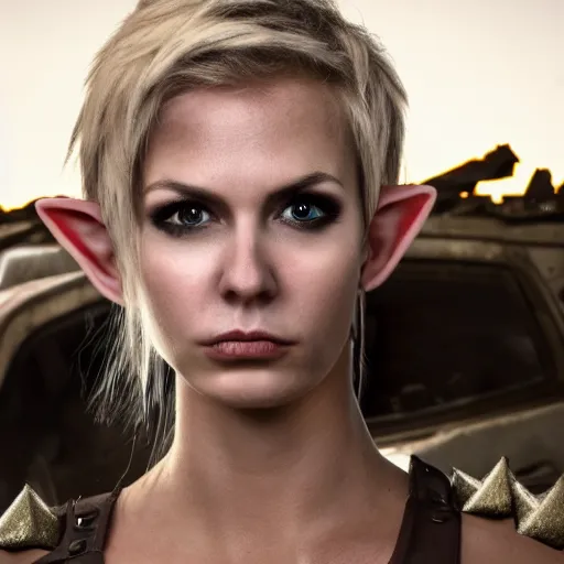 Image similar to close up headshot of a skinny female high-fantasy elf with a long face narrow chin and short spiky blonde hair wearing dark brown overalls and holding a bomb next to a destroyed car, gel spiked blond hair, small ears, narrow lips, high resolution film still, HDR color