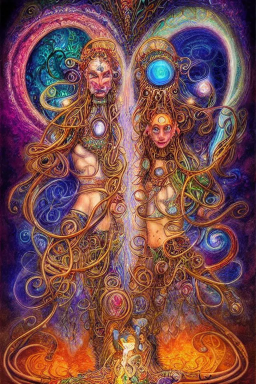 Prompt: two psychedelic shamans intertwined in a cosmic entanglement by Josephine Wall and Daniel Merriam, Artstation