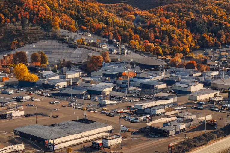 Image similar to warehouses on either side of a street, with an autumn hill directly behind, radio tower. Lens compression, photography, highly detailed