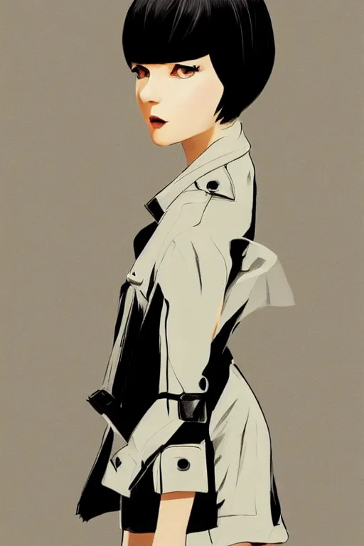 Prompt: close-up of a girl with a stylish trenchcoat by Ilya Kuvshinov, black medium length Dutch bob cut hair with straight bangs, poster