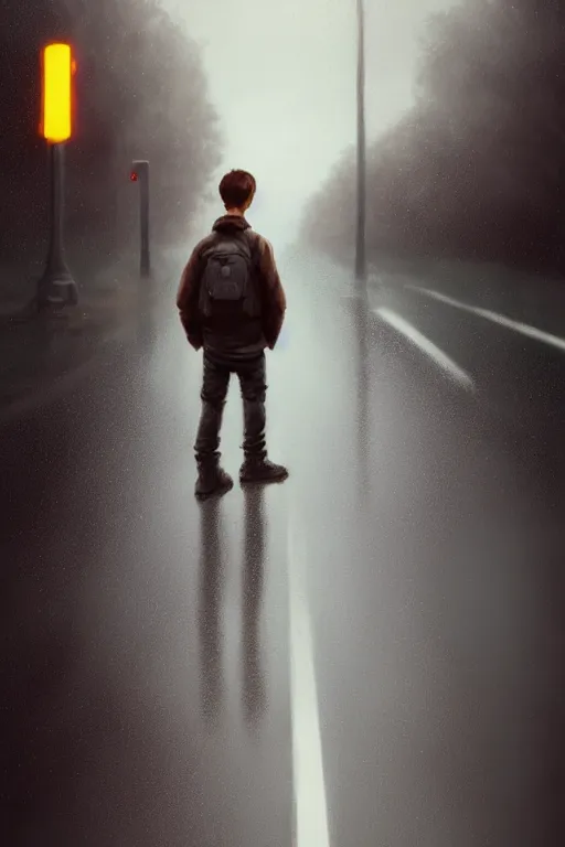 Prompt: Full body portrait of a short, overweight teenage boy, medium length brown hair and fringe, not intelligent, standing in road, rainy wet day, cinematic lighting, by Jordan Grimmer and Wojtek Fus and greg rutkowski, Trending artstation, cinematográfica, digital Art