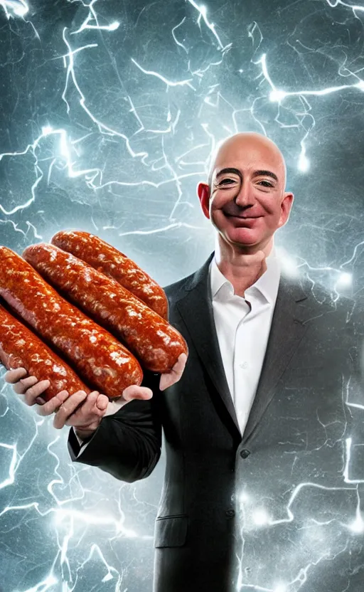 Image similar to Portrait of Jeff Bezos selling a new type of sausage, splash art, movie still, cinematic lighting, dramatic, octane render, long lens, shallow depth of field, bokeh, anamorphic lens flare, 8k, hyper detailed, 35mm film grain