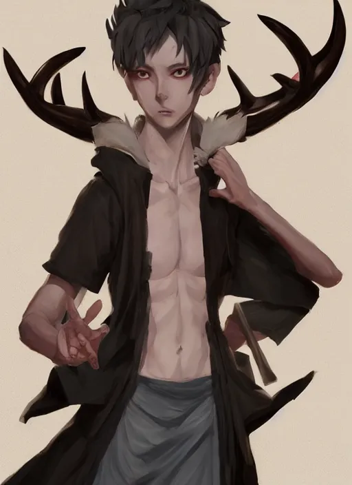 Image similar to concept art painting of an androgynous person with brown skin and short white hair, demon horns, deer ears, full clothing, black clothes, blue robes, detailed, cel shaded, in the style of ruan jia and artgerm and makoto shinkai and james gurney